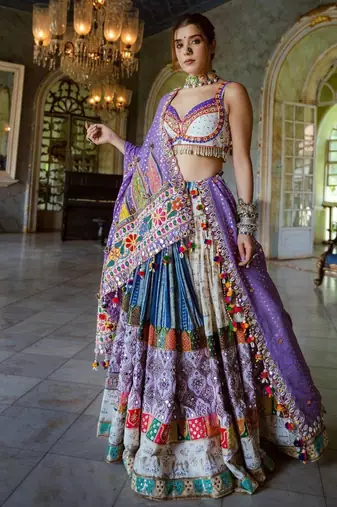 Mutli Color Digital Print And Mirror Work Slik Blend Lehenga Choli
