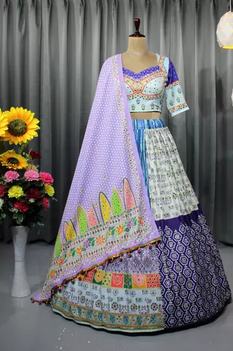 Mutli Color Digital Print And Mirror Work Slik Blend Lehenga Choli