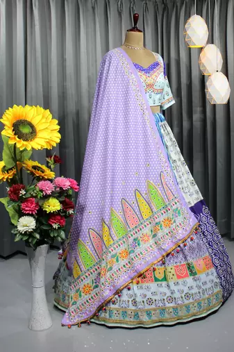 Mutli Color Digital Print And Mirror Work Slik Blend Lehenga Choli