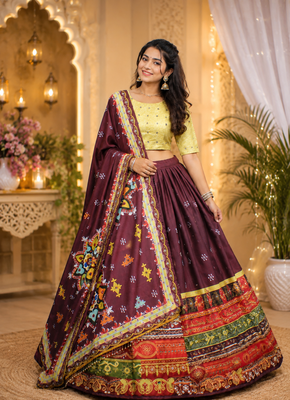 Wine Color Digital Print And Mirror Work Slik Blend Lehenga Choli 1