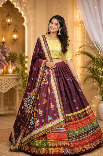 Wine Color Digital Print And Mirror Work Slik Blend Lehenga Choli