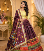 Wine Color Digital Print And Mirror Work Slik Blend Lehenga Choli