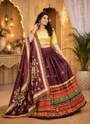 Wine Color Digital Print And Mirror Work Slik Blend Lehenga Choli 2