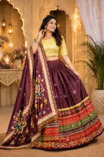 Wine Color Digital Print And Mirror Work Slik Blend Lehenga Choli