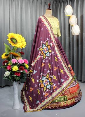 Wine Color Digital Print And Mirror Work Slik Blend Lehenga Choli 3
