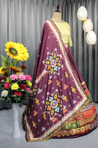 Wine Color Digital Print And Mirror Work Slik Blend Lehenga Choli