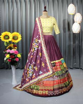 Wine Color Digital Print And Mirror Work Slik Blend Lehenga Choli 4