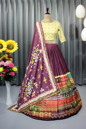 Wine Color Digital Print And Mirror Work Slik Blend Lehenga Choli