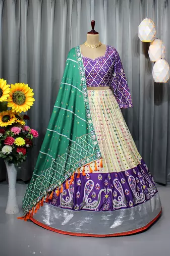 Mutli Color Digital Print And Mirror Work Cotton Lehenga Choli