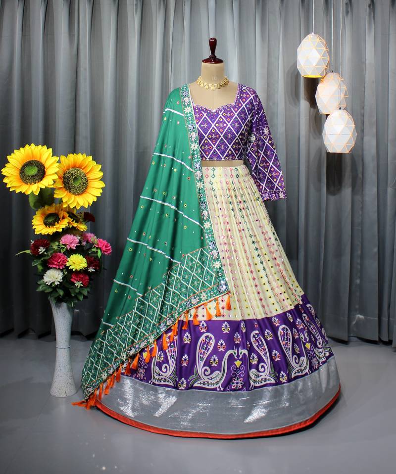 Mutli Color Digital Print And Mirror Work Cotton Lehenga Choli