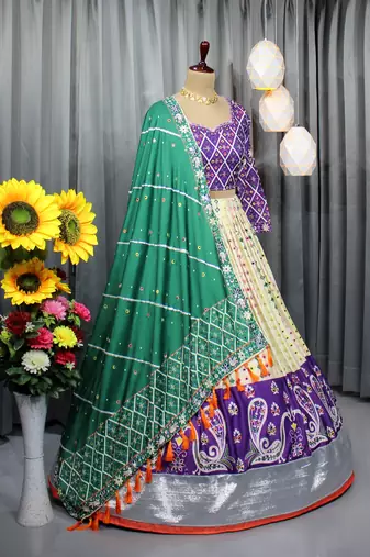 Mutli Color Digital Print And Mirror Work Cotton Lehenga Choli