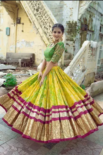 Multi Color Digital Print And Mirror Work Slik Blend Lehenga Choli