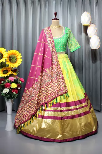 Multi Color Digital Print And Mirror Work Slik Blend Lehenga Choli