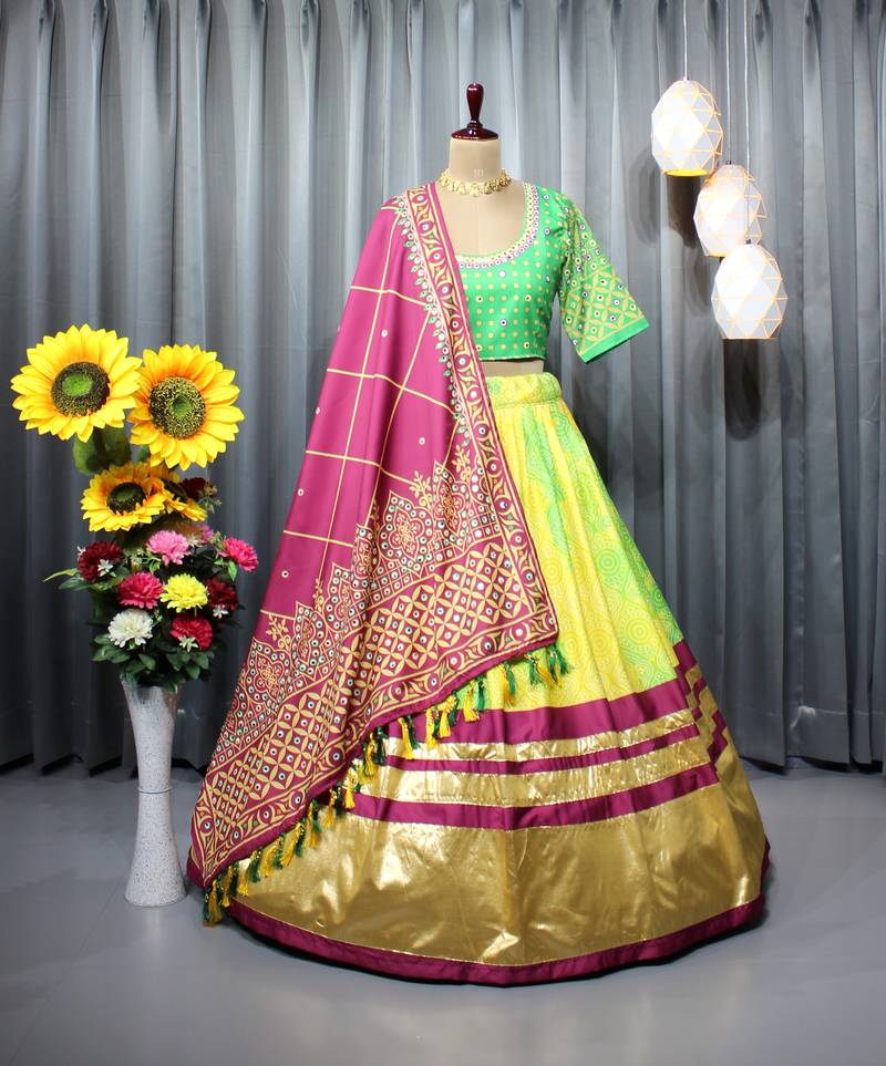 Multi Color Digital Print And Mirror Work Slik Blend Lehenga Choli