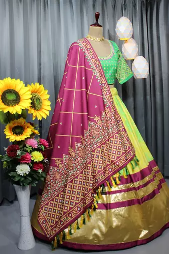 Multi Color Digital Print And Mirror Work Slik Blend Lehenga Choli
