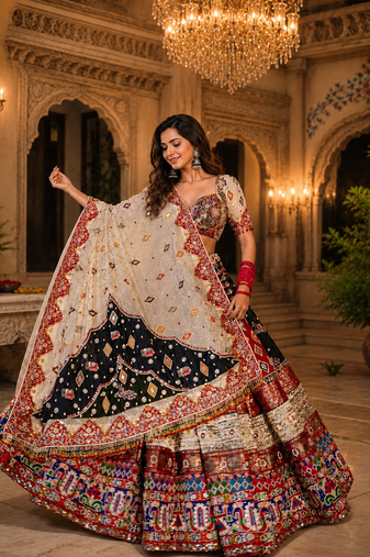 Multi Color Digital Print And Mirror Work Slik Blend Lehenga Choli