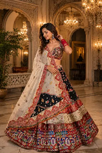 Multi Color Digital Print And Mirror Work Slik Blend Lehenga Choli