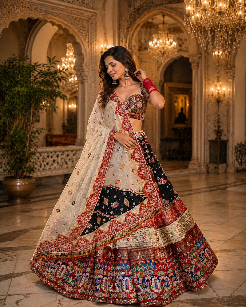 Multi Color Digital Print And Mirror Work Slik Blend Lehenga Choli