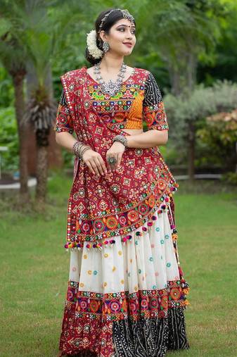 Multi Color Digital Print And Mirror Work Slik Blend Lehenga Choli