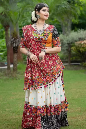 Multi Color Digital Print And Mirror Work Slik Blend Lehenga Choli