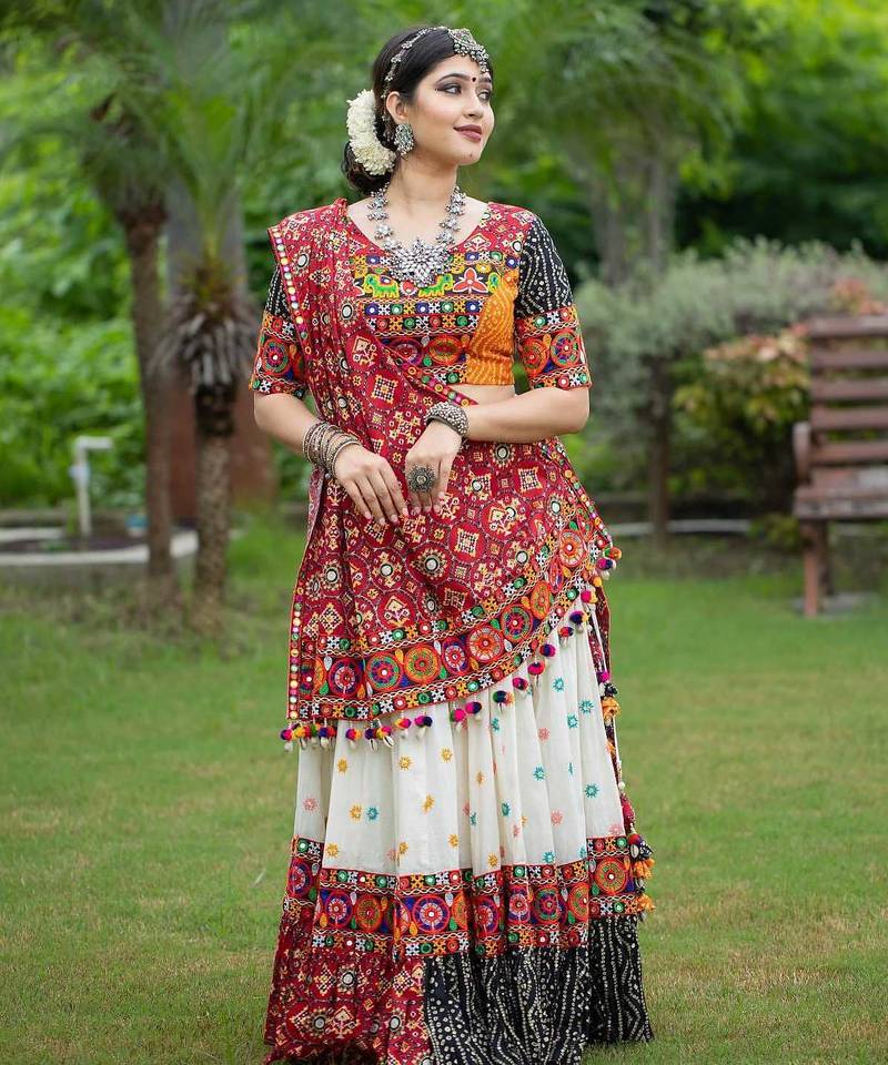 Multi Color Digital Print And Mirror Work Slik Blend Lehenga Choli