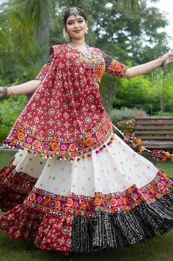 Multi Color Digital Print And Mirror Work Slik Blend Lehenga Choli