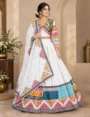 white multi color digital print mirror work silk blend lehenga choli 1