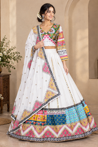 white multi color digital print mirror work silk blend lehenga choli