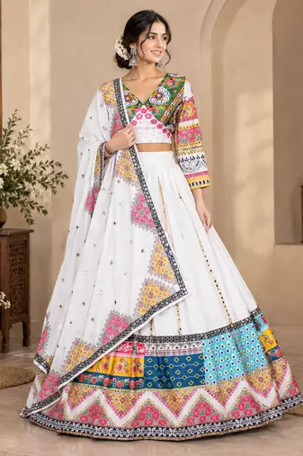 Multi Color Digital Print And Mirror Work Slik Blend Lehenga Choli