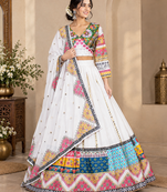 white multi color digital print mirror work silk blend lehenga choli