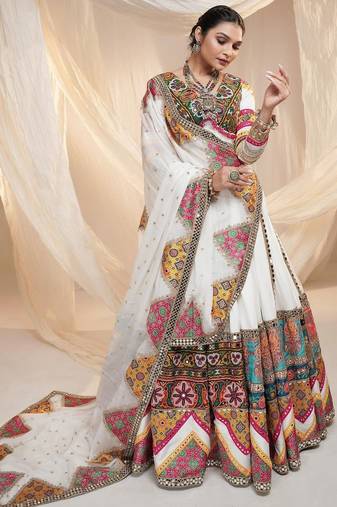 Multi Color Digital Print And Mirror Work Slik Blend Lehenga Choli