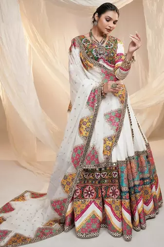 Multi Color Digital Print And Mirror Work Slik Blend Lehenga Choli