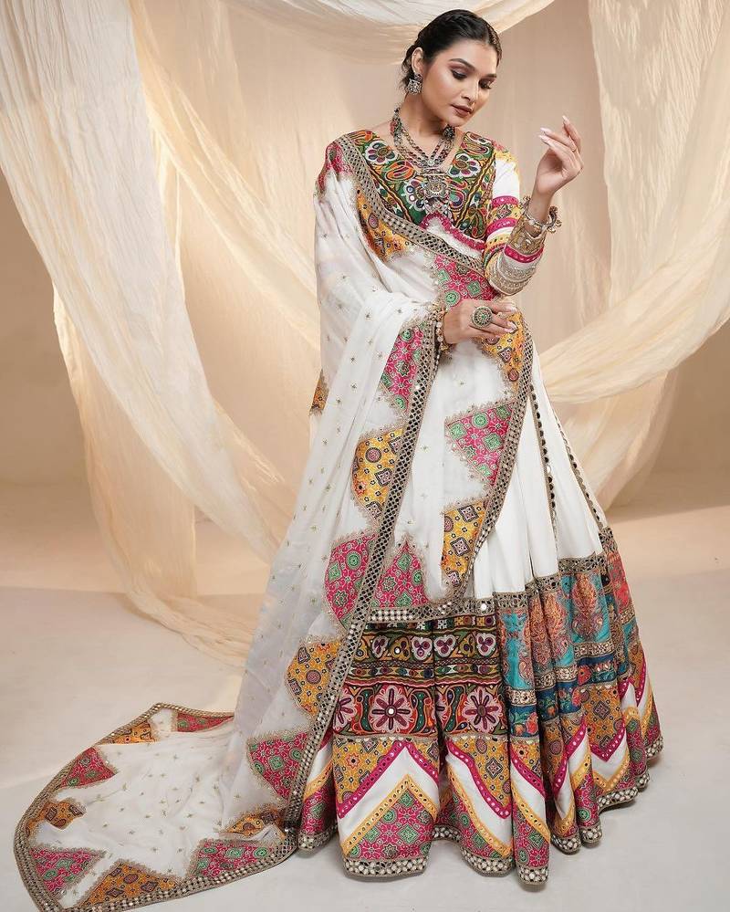 Multi Color Digital Print And Mirror Work Slik Blend Lehenga Choli