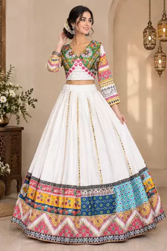 Multi Color Digital Print And Mirror Work Slik Blend Lehenga Choli