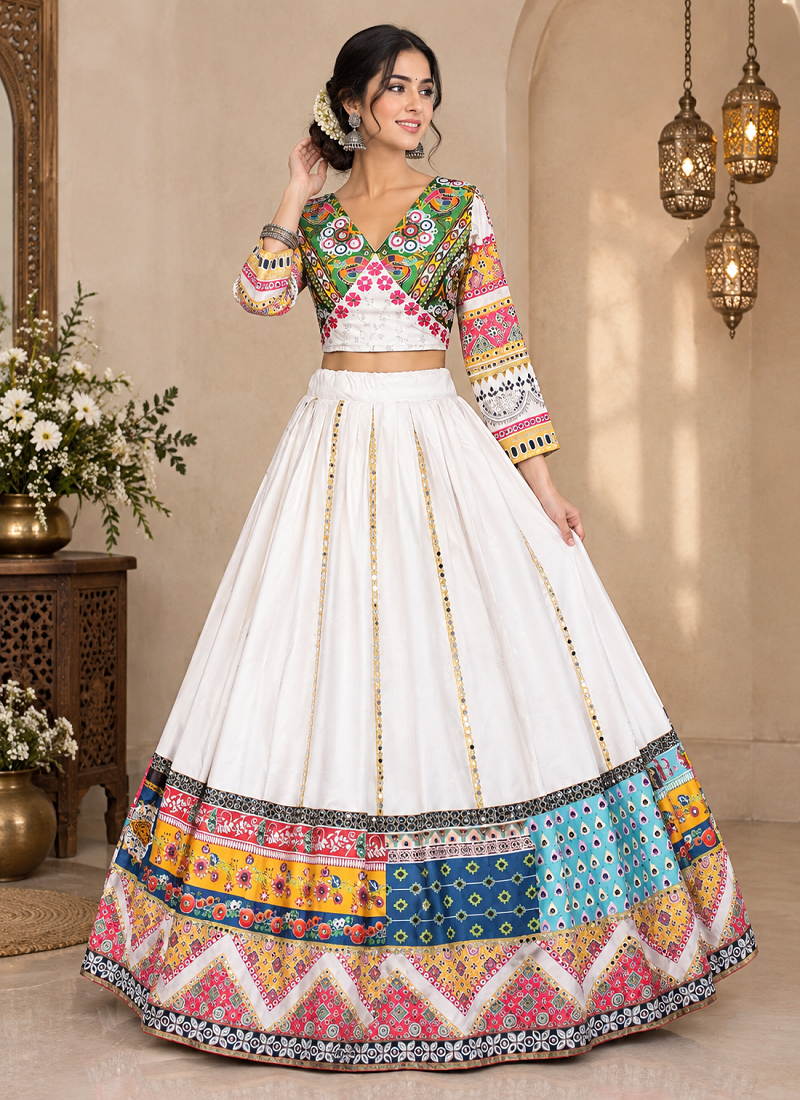 white multi color digital print mirror work silk blend lehenga choli