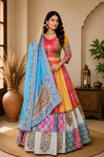 Multi Color Digital Print And Mirror Work Slik Blend Lehenga Choli