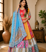 Multi Color Digital Print And Mirror Work Slik Blend Lehenga Choli