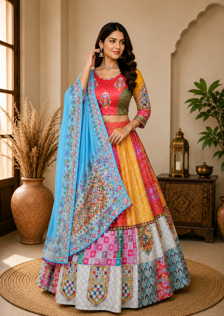 Multi Color Digital Print And Mirror Work Slik Blend Lehenga Choli