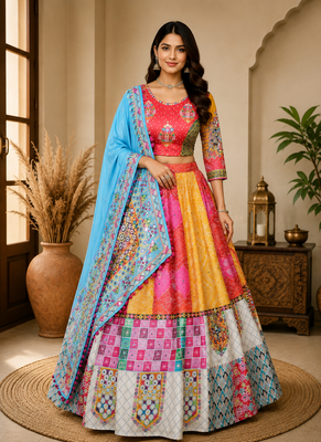 Multi Color Digital Print And Mirror Work Slik Blend Lehenga Choli 2