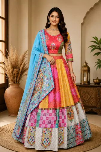 Multi Color Digital Print And Mirror Work Slik Blend Lehenga Choli