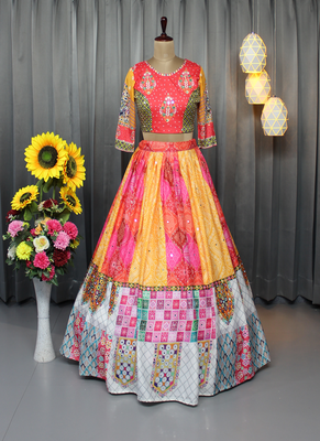 Multi Color Digital Print And Mirror Work Slik Blend Lehenga Choli 3