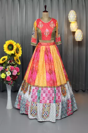 Multi Color Digital Print And Mirror Work Slik Blend Lehenga Choli