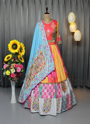 Multi Color Digital Print And Mirror Work Slik Blend Lehenga Choli 4