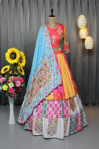 Multi Color Digital Print And Mirror Work Slik Blend Lehenga Choli