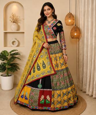 Black Color Digital Print And Mirror Work Slik Blend Lehenga Choli 1