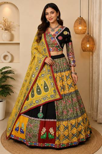Black Color Digital Print And Mirror Work Slik Blend Lehenga Choli