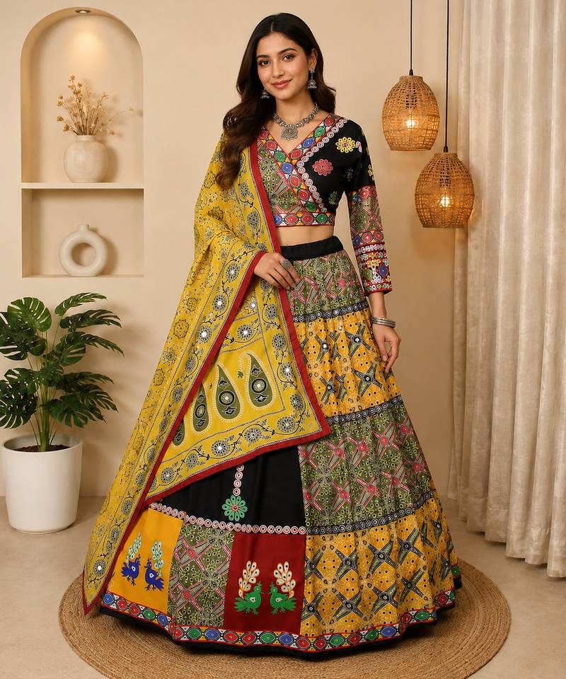 Black Color Digital Print And Mirror Work Slik Blend Lehenga Choli