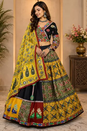 Black Color Digital Print And Mirror Work Slik Blend Lehenga Choli