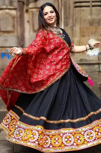 Black Color Digital Print And Mirror Work Cotton Lehenga Choli