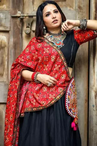 Black Color Digital Print And Mirror Work Cotton Lehenga Choli